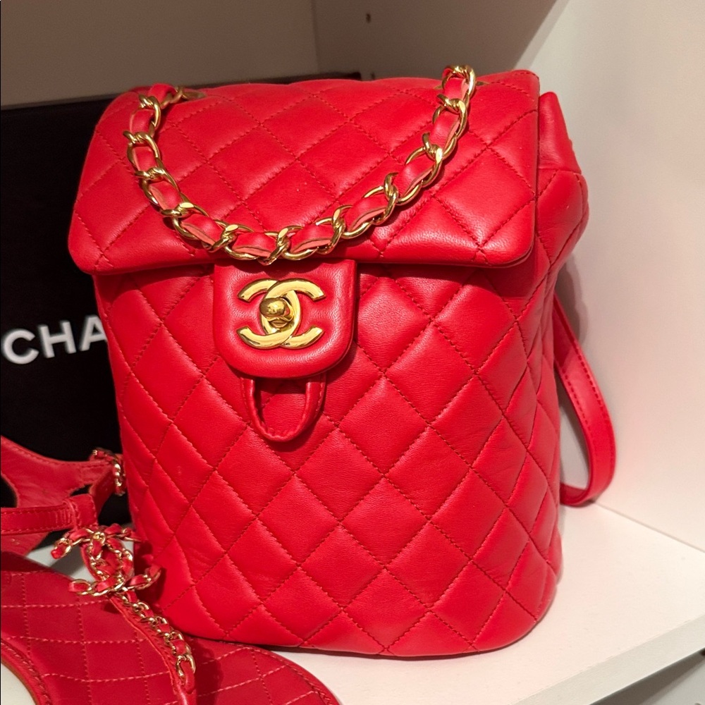 CHANEL Quilted Red Leather Backpack with Gold CC Hardware